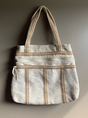 Vintage Carpet Bags of America Cream Woven Tote Bag with Beige Trim